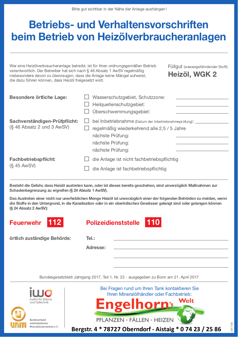 Engelhorn GmbH 78727 Oberndorf IWO Merkblatt zu Betriebs und Verhaltensvorschriften 04.12.17